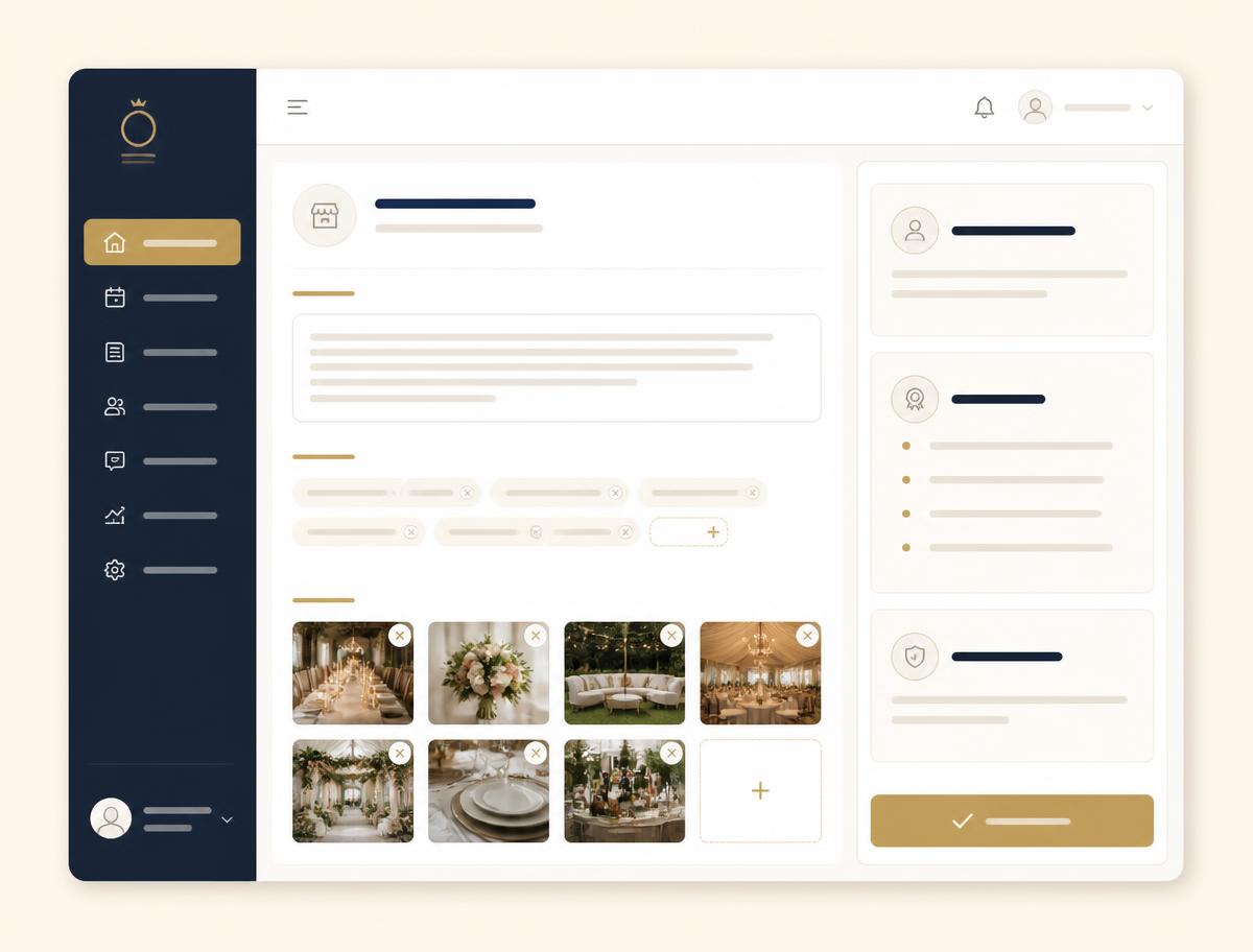 Mockup of the EliteSource provider dashboard showing listing fields and photo management