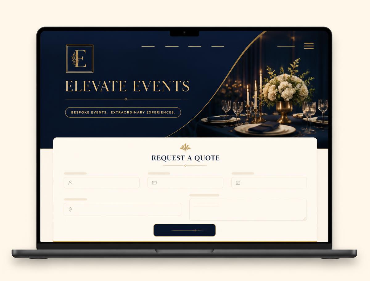Mockup of an event provider landing page on EliteSource with a hero and quote request form