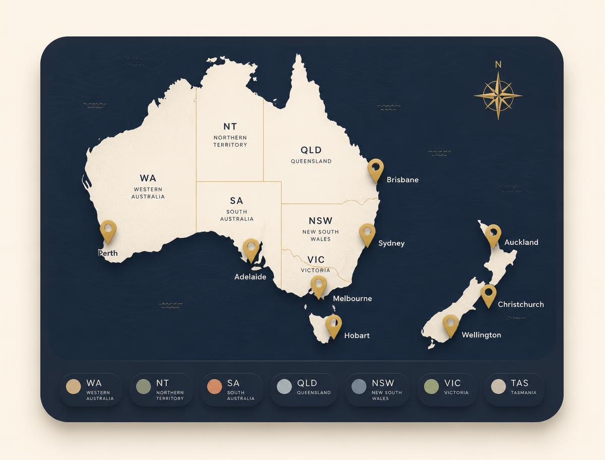 Mockup of an Australia and New Zealand map with gold pins marking a provider's service areas